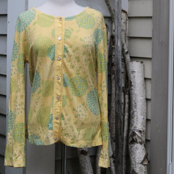 Icantoo Nantucket Yellow w Blue Green Floral Cotton Button Cardigan Sz LARGE - Picture 1 of 7